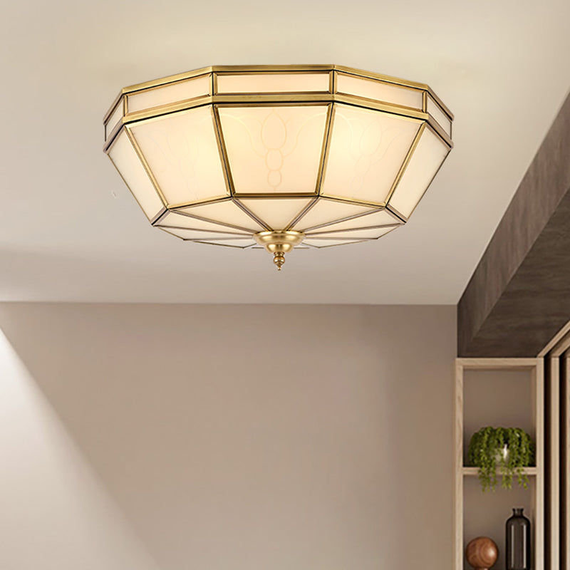Colonial Sandblasted Glass Brass Flush Mount Lamp With Multiple Heads For Living Room Ceiling