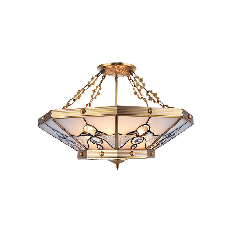 Brass Semi-Flush Ceiling Light with Beveled Frosted Glass - 4 Lights, Bedroom Chandelier - 16"/19.5" W