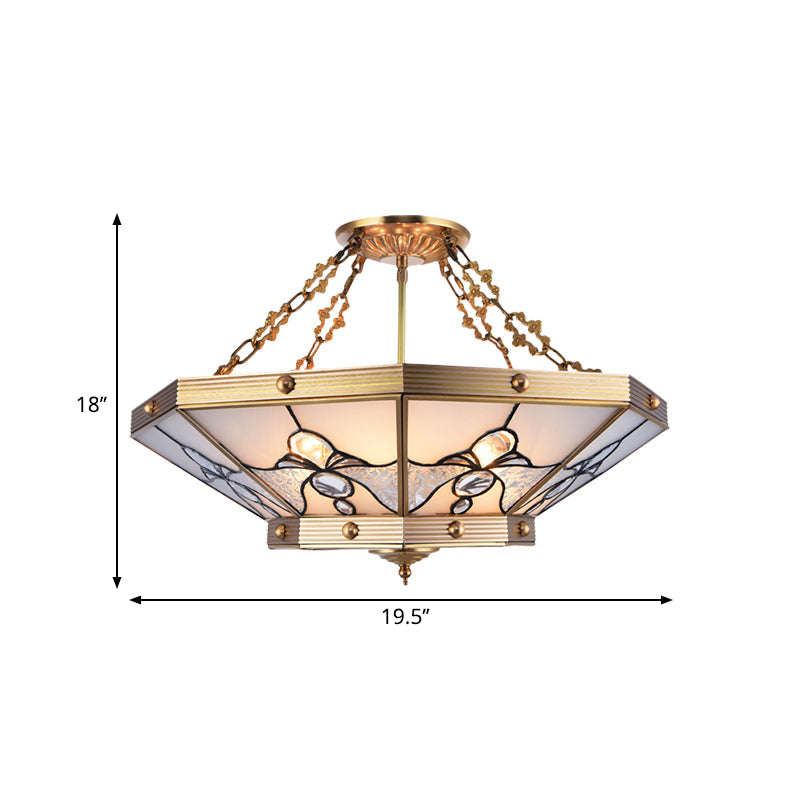 Brass Semi-Flush Ceiling Light with Beveled Frosted Glass - 4 Lights, Bedroom Chandelier - 16"/19.5" W
