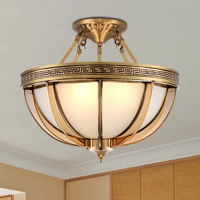 Plafonnier en verre ivoire de style colonial, montage semi-encastré - 16,5"/20,5" W - Laiton - Têtes 3/4 - Luminaire de salon