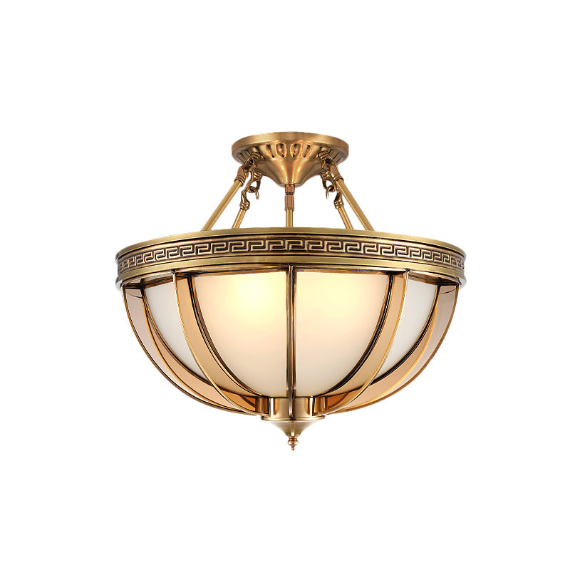 Plafonnier en verre ivoire de style colonial, montage semi-encastré - 16,5"/20,5" W - Laiton - Têtes 3/4 - Luminaire de salon