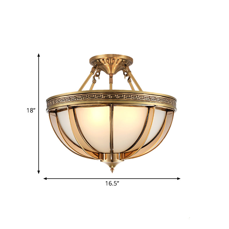 Plafonnier en verre ivoire de style colonial, montage semi-encastré - 16,5"/20,5" W - Laiton - Têtes 3/4 - Luminaire de salon
