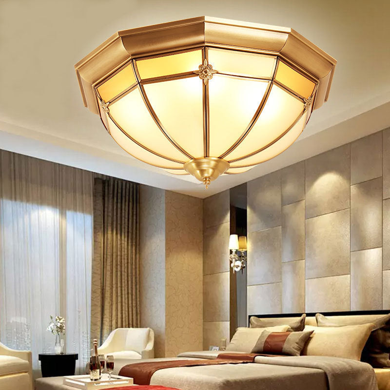 Colonial White Glass Dome Ceiling Light Fixture for Bedroom - Brass, Flush Mount - 3/4/6 Heads - Available in 14"/18"/23.5" Width