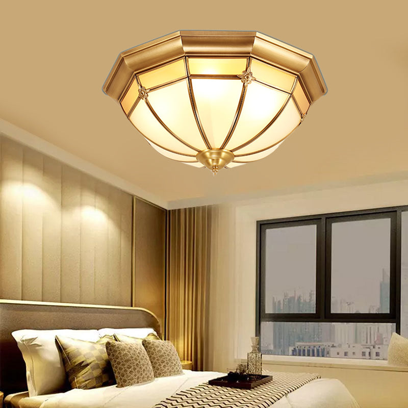 Colonial White Glass Dome Ceiling Light Fixture for Bedroom - Brass, Flush Mount - 3/4/6 Heads - Available in 14"/18"/23.5" Width