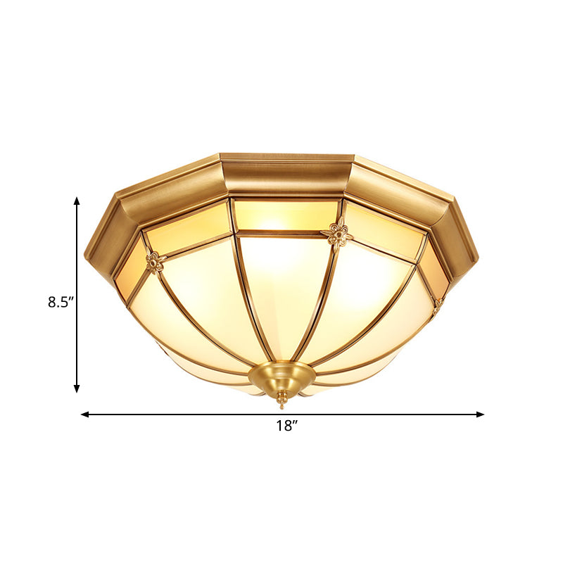 Colonial White Glass Dome Ceiling Light Fixture for Bedroom - Brass, Flush Mount - 3/4/6 Heads - Available in 14"/18"/23.5" Width