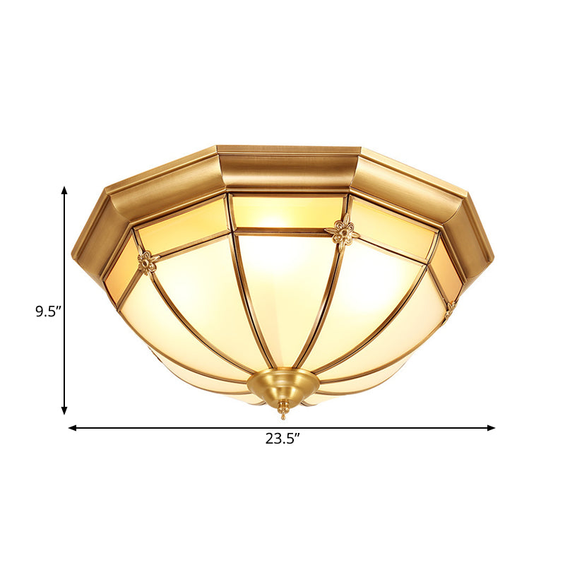 Colonial White Glass Dome Ceiling Light Fixture For Bedroom - Brass Flush Mount 3/4/6 Heads