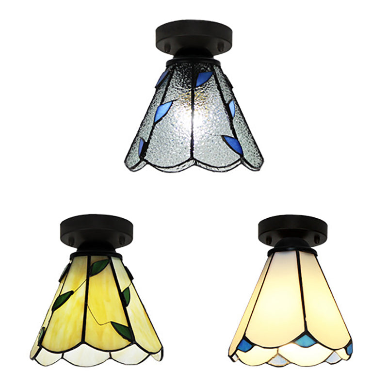 Vintage Stained Glass Conic Ceiling Light Fixture in White/Clear/Beige for Bedroom