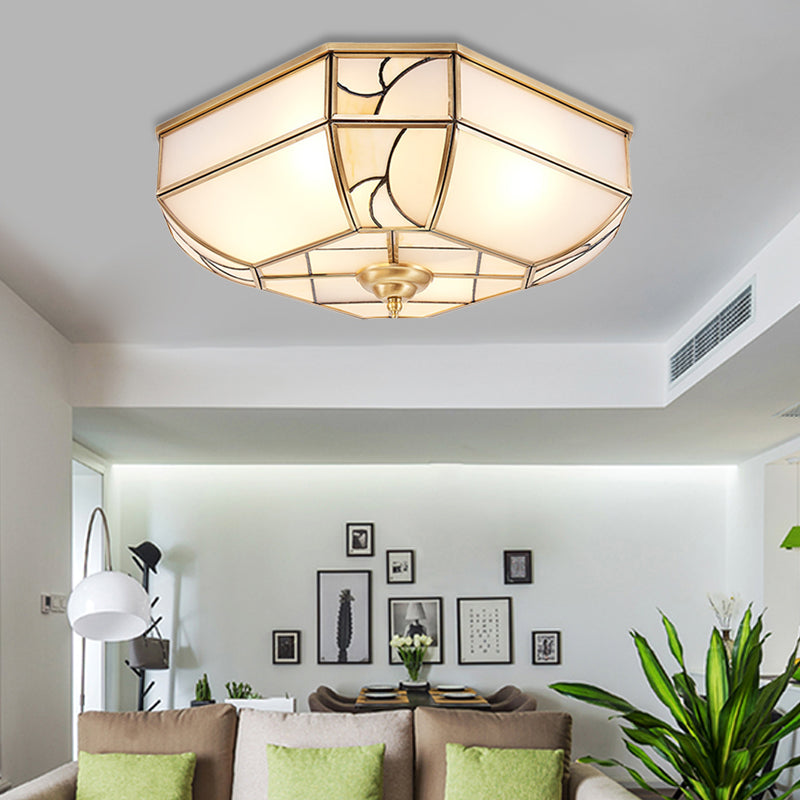 Opal Glass Flush Mount Ceiling Light with Colonial Brass Bowl - Perfect for Bedroom Lighting - Set of 3