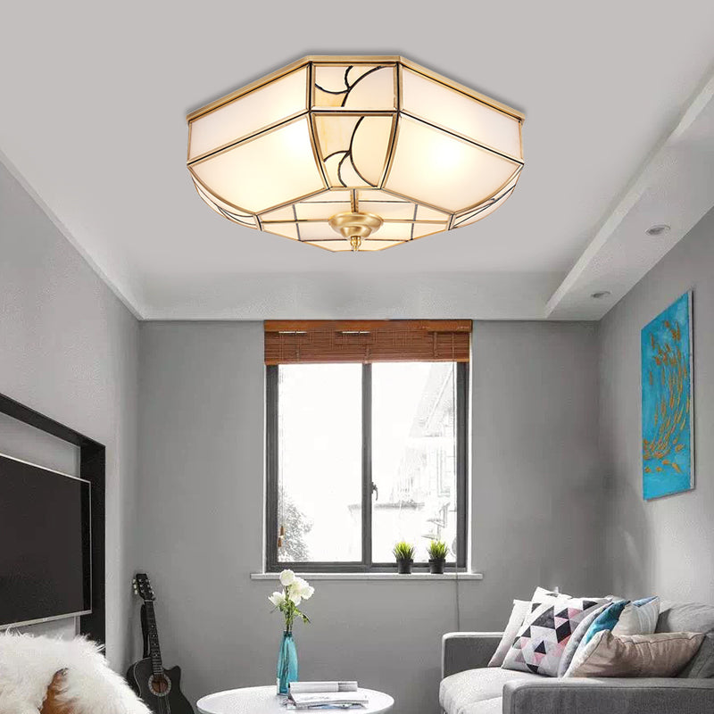 Opal Glass Flush Mount Ceiling Light with Colonial Brass Bowl - Perfect for Bedroom Lighting - Set of 3