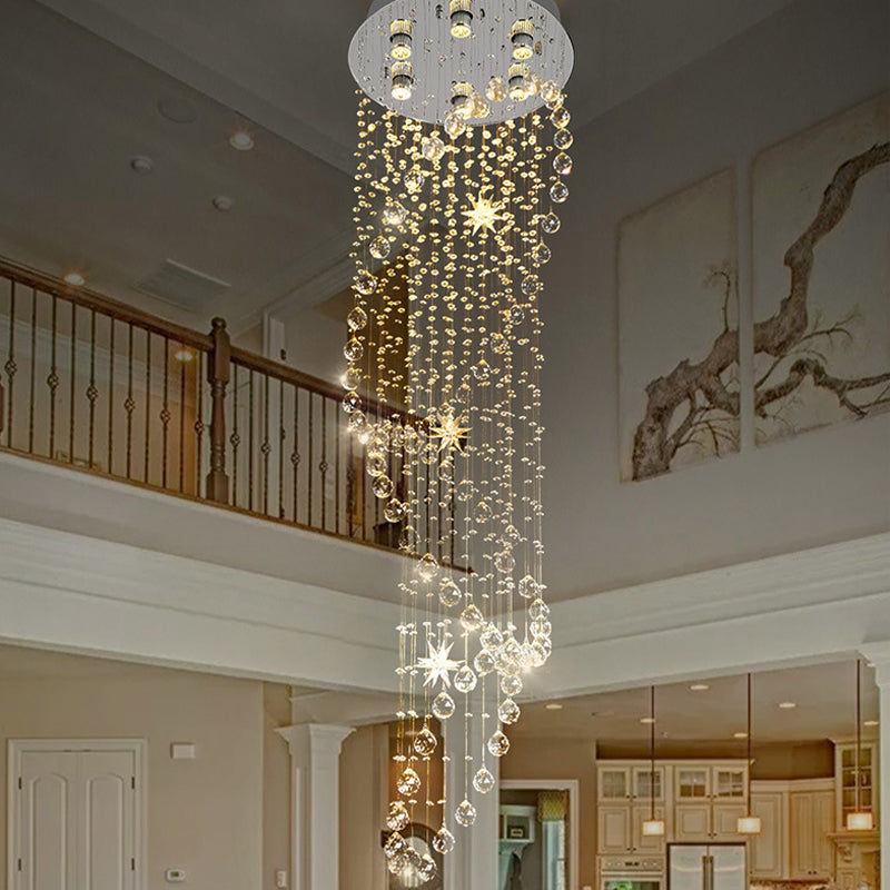 Contemporary Crystal 6-Head Spiral Flushmount Ceiling Fixture in Stainless Steel