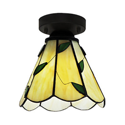 Vintage Stained Glass Conic Ceiling Light Fixture in White/Clear/Beige for Bedroom