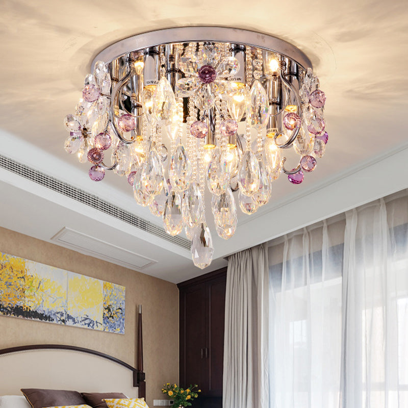Modernist Crystal Teardrop Flushmount Ceiling Light Fixture with Stainless-Steel Frame - 6/9 Head Options, 19"/25.5" Wide
