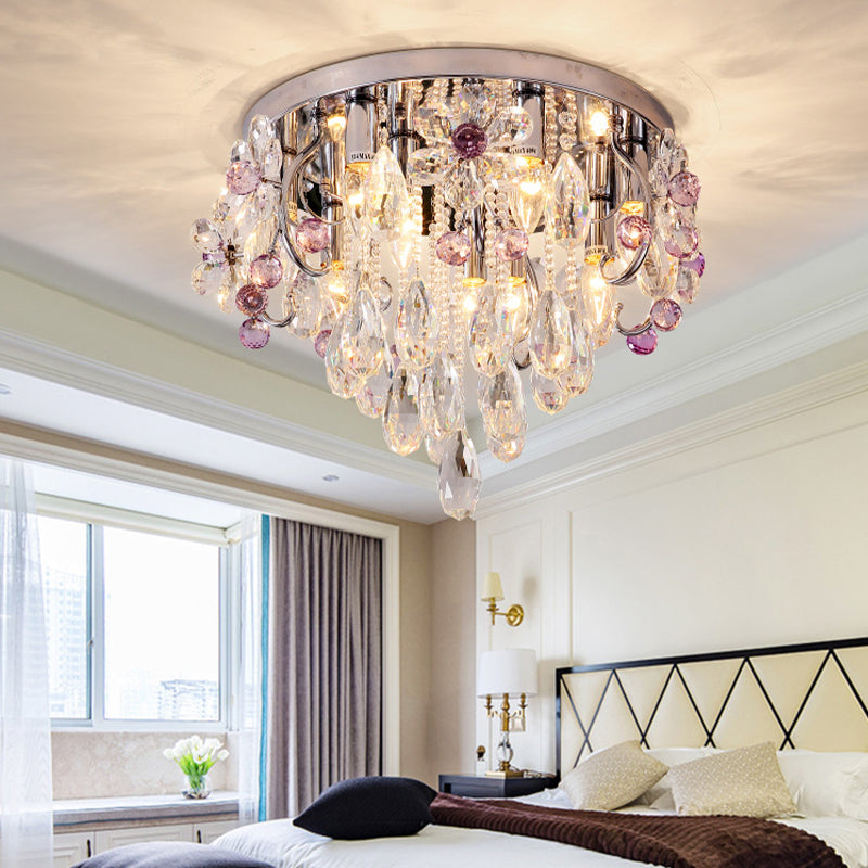 Modernist Crystal Teardrop Flushmount Ceiling Light Fixture with Stainless-Steel Frame - 6/9 Head Options, 19"/25.5" Wide