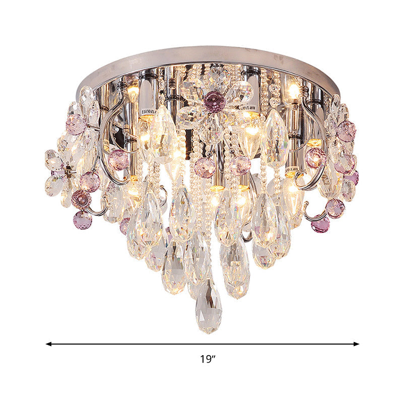 Modernist Crystal Teardrop Flushmount Ceiling Light Fixture with Stainless-Steel Frame - 6/9 Head Options, 19"/25.5" Wide