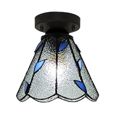 Vintage Stained Glass Conic Ceiling Light Fixture in White/Clear/Beige for Bedroom