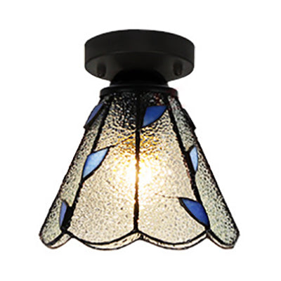 Vintage Stained Glass Conic Ceiling Light Fixture in White/Clear/Beige for Bedroom