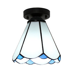 Vintage Stained Glass Conic Ceiling Light Fixture in White/Clear/Beige for Bedroom