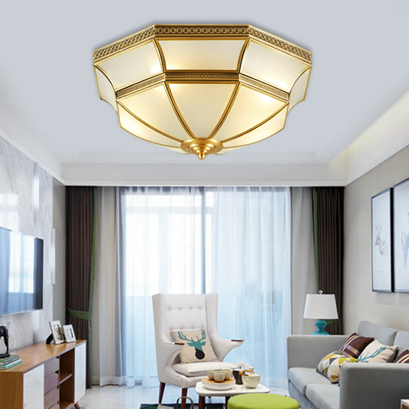 Opal-White Glass Brass Ceiling Mount Dome Chandelier For Bedroom - Colonial Flush 3/4-Light 14/18