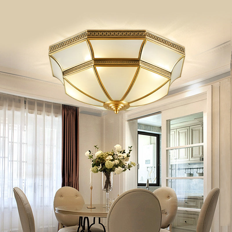 Opal-White Glass Brass Ceiling Mount Dome Chandelier for Bedroom - Colonial Flush Mount, 3/4-Light, 14"/18" Width