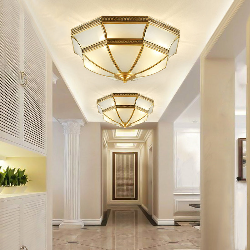 Opal-White Glass Brass Ceiling Mount Dome Chandelier for Bedroom - Colonial Flush Mount, 3/4-Light, 14"/18" Width