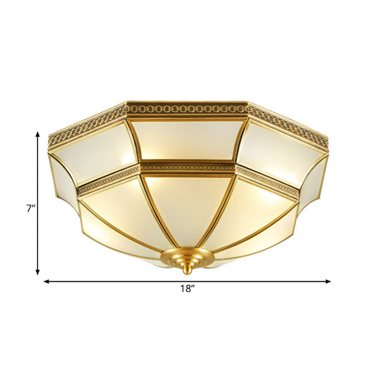 Opal-White Glass Brass Ceiling Mount Dome Chandelier For Bedroom - Colonial Flush 3/4-Light 14/18