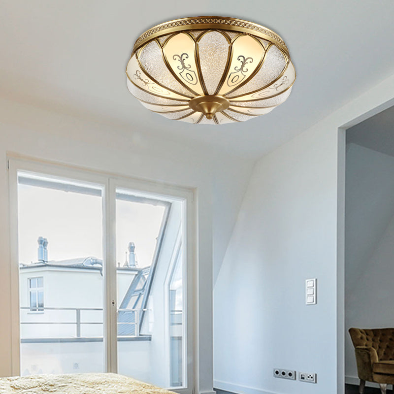 Brass Colonial 3-Light Flush Mount Ceiling Fixture with Frosted Glass Scalloped Shade for Living Room