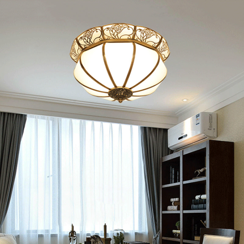 Colonial Glass Dome Ceiling Light with 5 Brass Heads for Bedroom Flush Mount