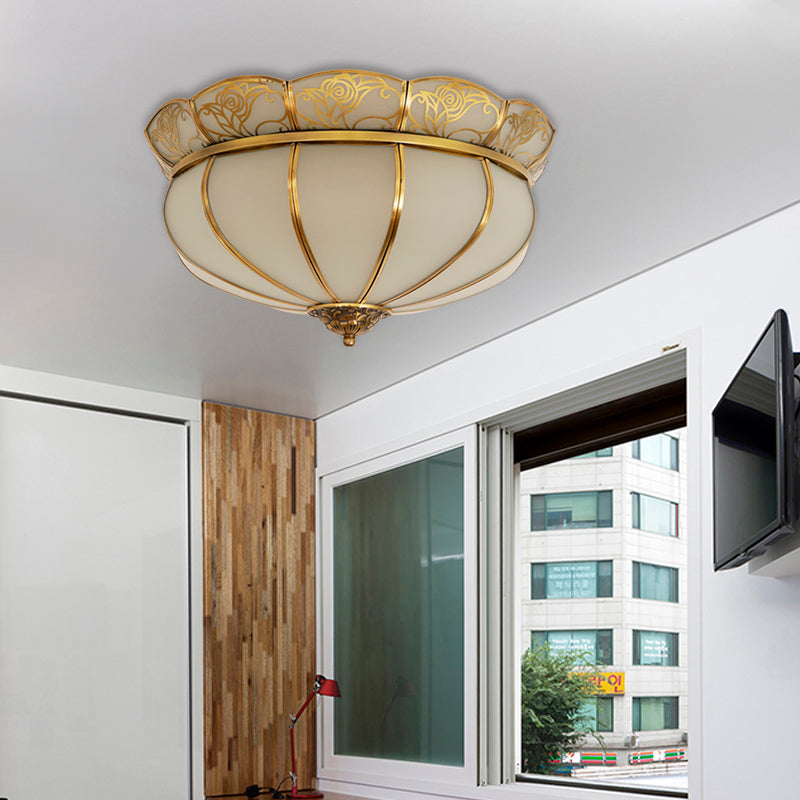 Colonial Glass Dome Ceiling Light with 5 Brass Heads for Bedroom Flush Mount