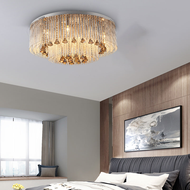 Contemporary Crystal Flush Light Fixture - Round, Nickel Ceiling Mount for Living Room (9/12/18 Bulbs)