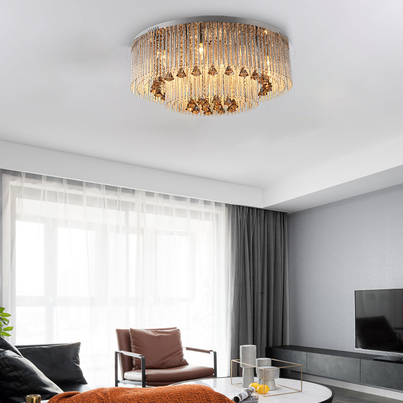 Contemporary Crystal Flush Light Fixture - Round, Nickel Ceiling Mount for Living Room (9/12/18 Bulbs)