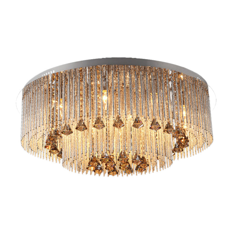 Contemporary Crystal Flush Light Fixture - Round, Nickel Ceiling Mount for Living Room (9/12/18 Bulbs)