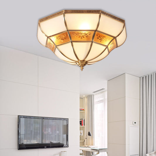 Colonial Bell Ceiling Mount Light Fixture - Brass Ivory Glass Chandelier with 3 Bulbs, Flush Mount for Bedroom