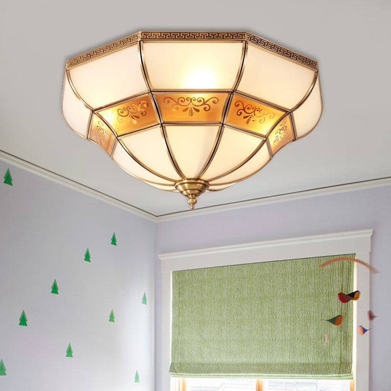 Colonial Bell Ceiling Mount Light Fixture - Brass Ivory Glass Chandelier With 3 Bulbs Flush For
