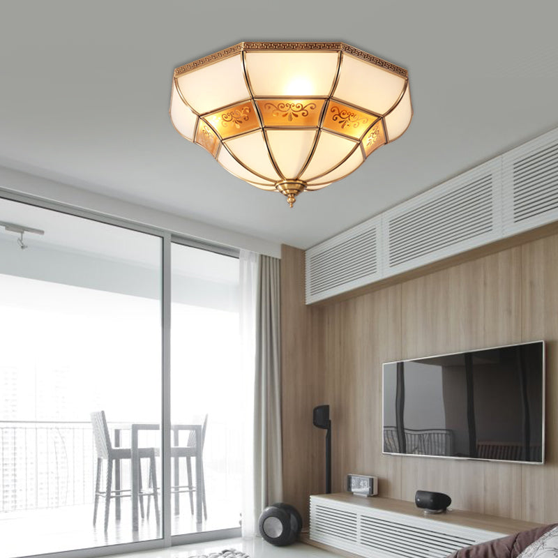 Colonial Bell Ceiling Mount Light Fixture - Brass Ivory Glass Chandelier With 3 Bulbs Flush For