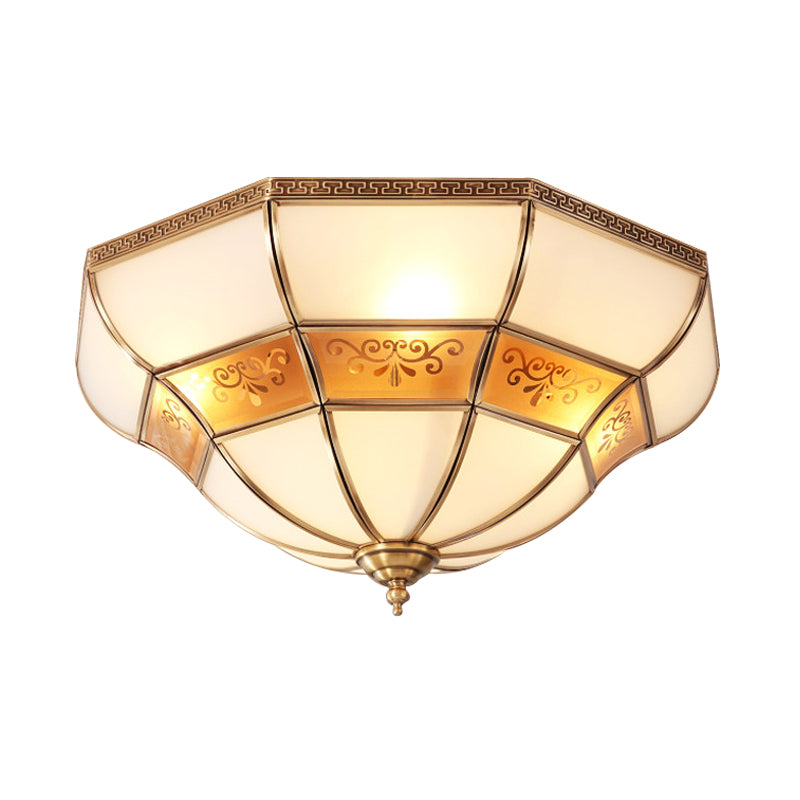 Colonial Bell Ceiling Mount Light Fixture - Brass Ivory Glass Chandelier With 3 Bulbs Flush For