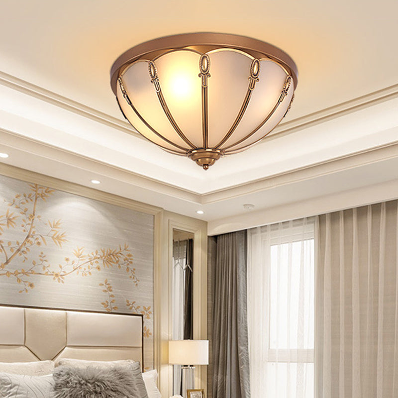 Opaline Glass Colonial Ceiling Mounted Fixture for Bedroom - Flush Mount Lamp in Brass, with 3/4 Bulbs