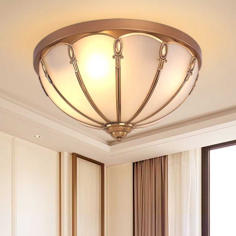 Opaline Glass Colonial Ceiling Mounted Fixture for Bedroom - Flush Mount Lamp in Brass, with 3/4 Bulbs
