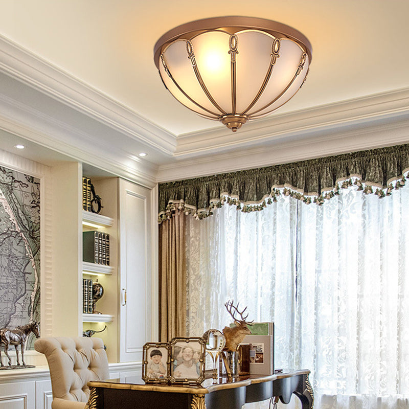Opaline Glass Colonial Ceiling Mounted Fixture for Bedroom - Flush Mount Lamp in Brass, with 3/4 Bulbs
