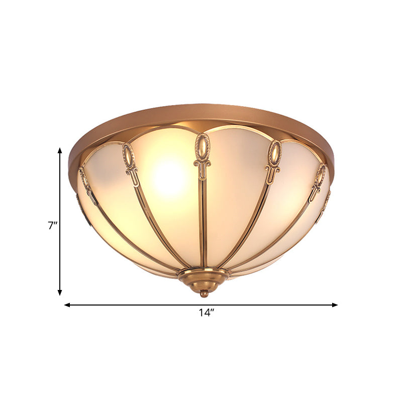 Opaline Glass Colonial Ceiling Mounted Fixture for Bedroom - Flush Mount Lamp in Brass, with 3/4 Bulbs