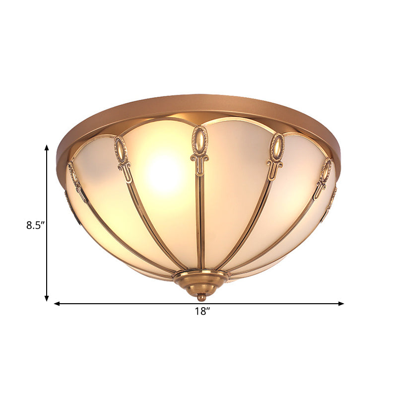 Opaline Glass Colonial Ceiling Mounted Fixture for Bedroom - Flush Mount Lamp in Brass, with 3/4 Bulbs