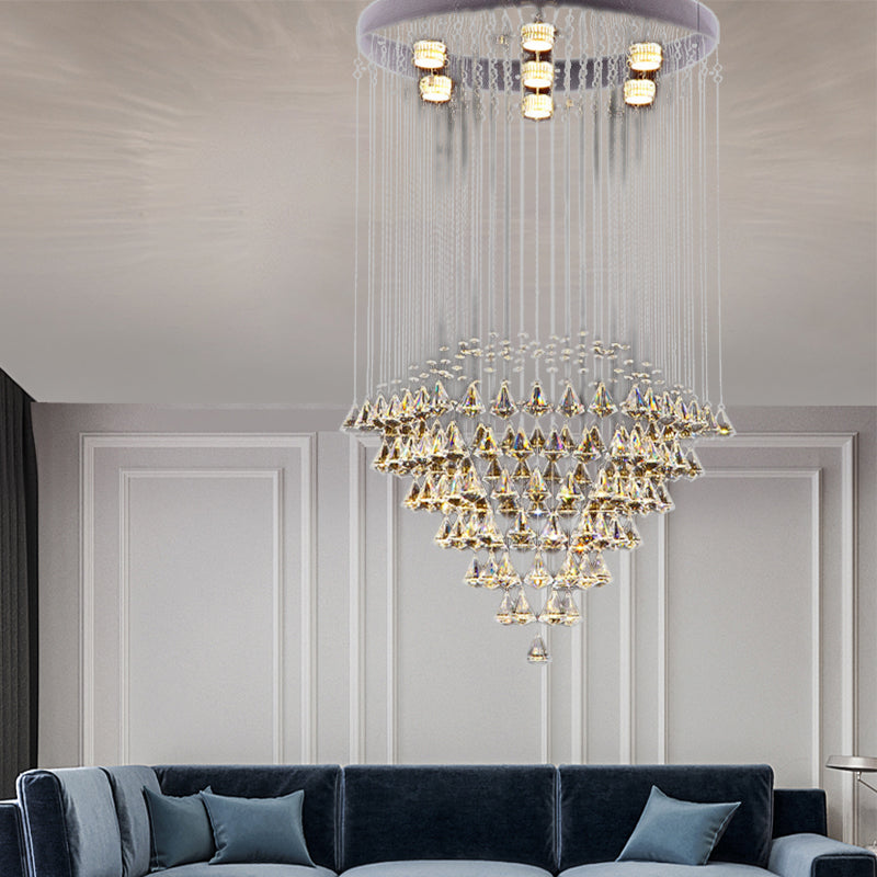 Modernist Cut Crystal Diamond Flush Light Fixture with 7 Nickel Ceiling-Mounted Heads