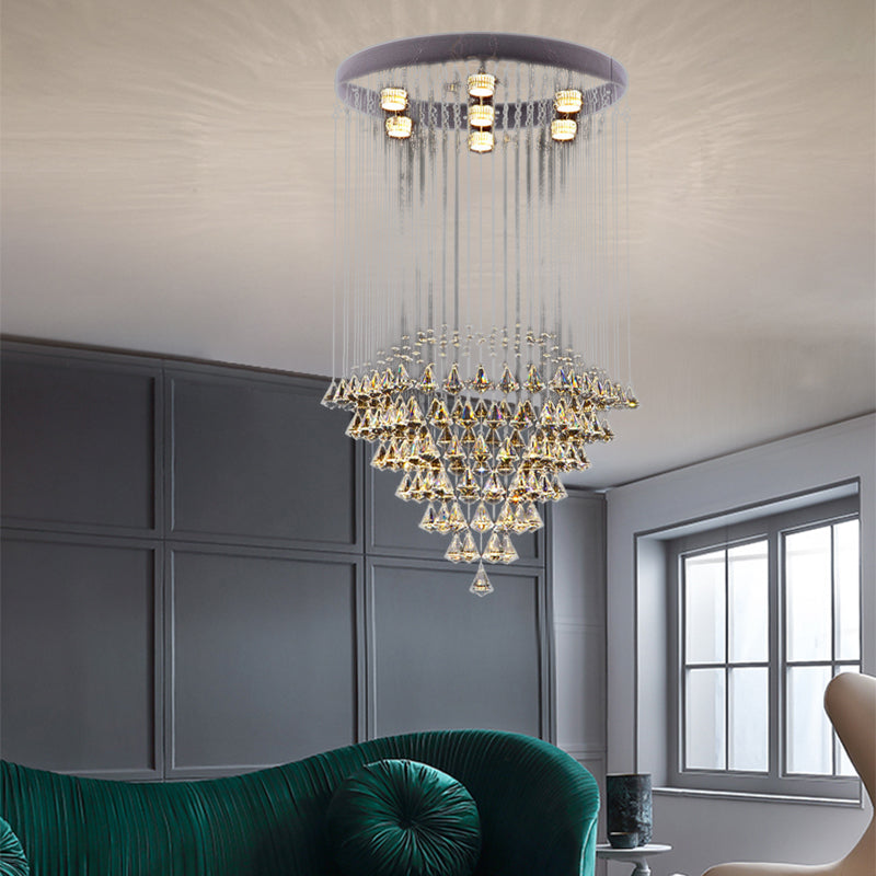 Modernist Cut Crystal Diamond Flush Light Fixture with 7 Nickel Ceiling-Mounted Heads