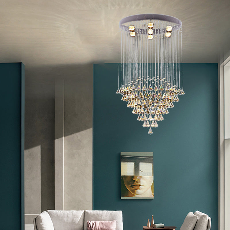 Modernist Cut Crystal Diamond Flush Light Fixture with 7 Nickel Ceiling-Mounted Heads