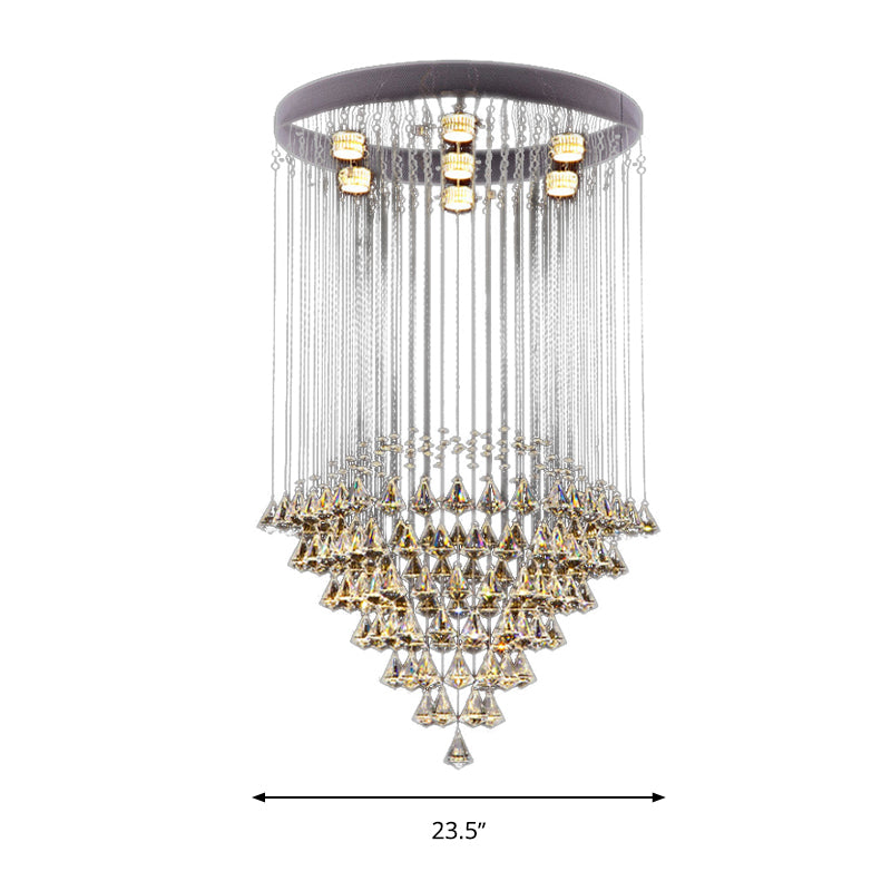 Modernist Cut Crystal Diamond Flush Light Fixture with 7 Nickel Ceiling-Mounted Heads