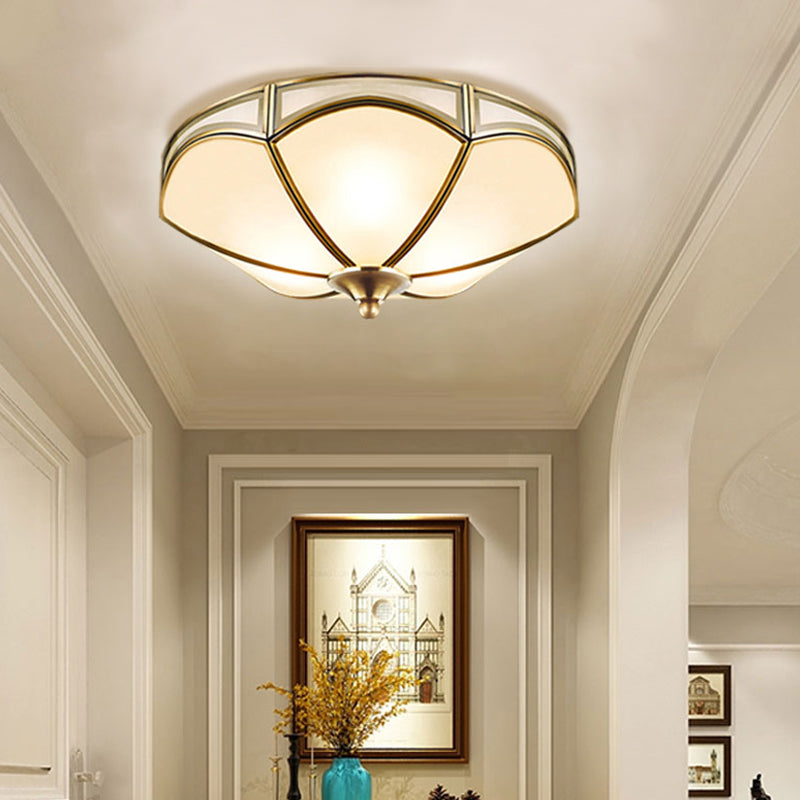 Frosted White Glass Brass Ceiling Flush Mount Lamp with 3 Scallop Heads - Perfect for Hallways