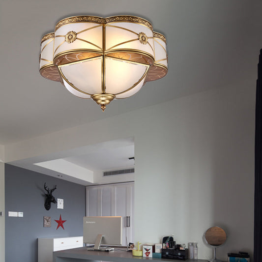 Colonial Brass Flush Mount Lamp with Sandblasted Glass Scalloped Ceiling Light for Living Room