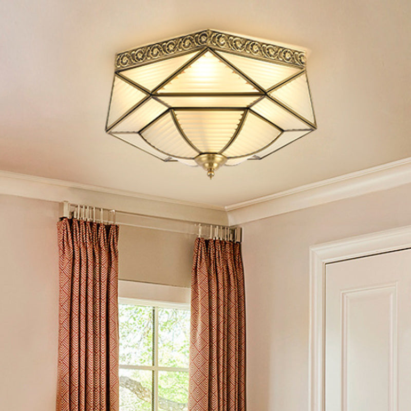 Brass Colonial Beveled Flush Mount Ceiling Light with Opaline Glass - Ideal for Bedroom - 4 Bulbs