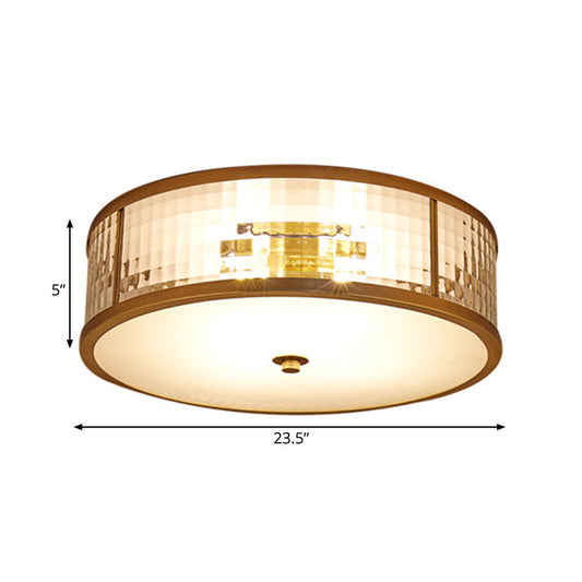 Colonial Brass Drum Ceiling Mount Light Fixture With Frosted Crystal Glass For Bedroom - 3/4/5 Bulbs