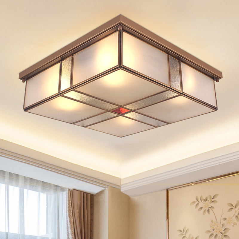 Plafonnier colonial en verre laiteux - Luminaire encastré carré pour salon avec finition en laiton (3/4 ampoules)
