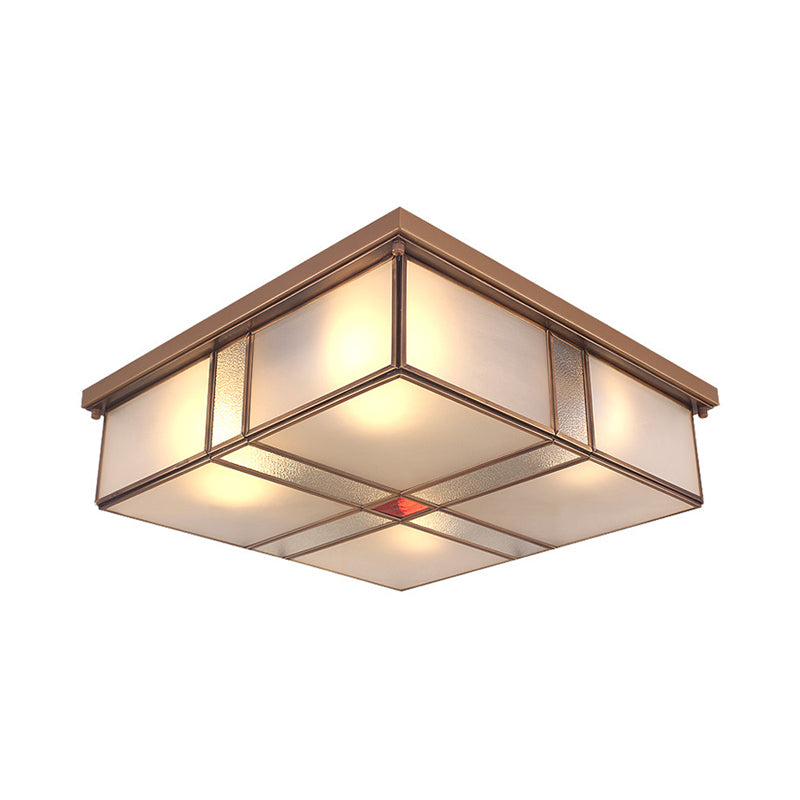 Plafonnier colonial en verre laiteux - Luminaire encastré carré pour salon avec finition en laiton (3/4 ampoules)